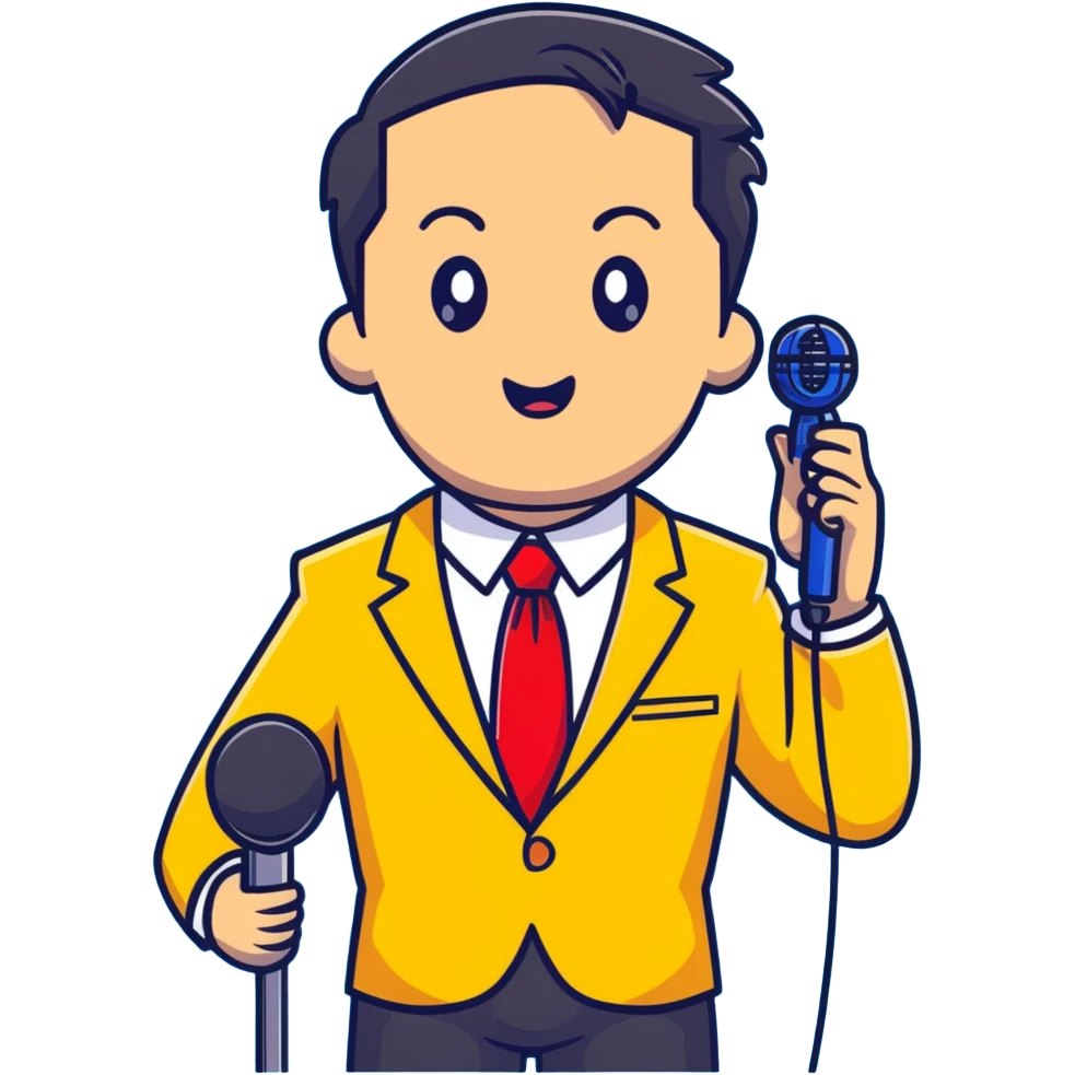 Man with black pulled back hair, wearing a yellow suit and red tie, holding a microphone emoji
