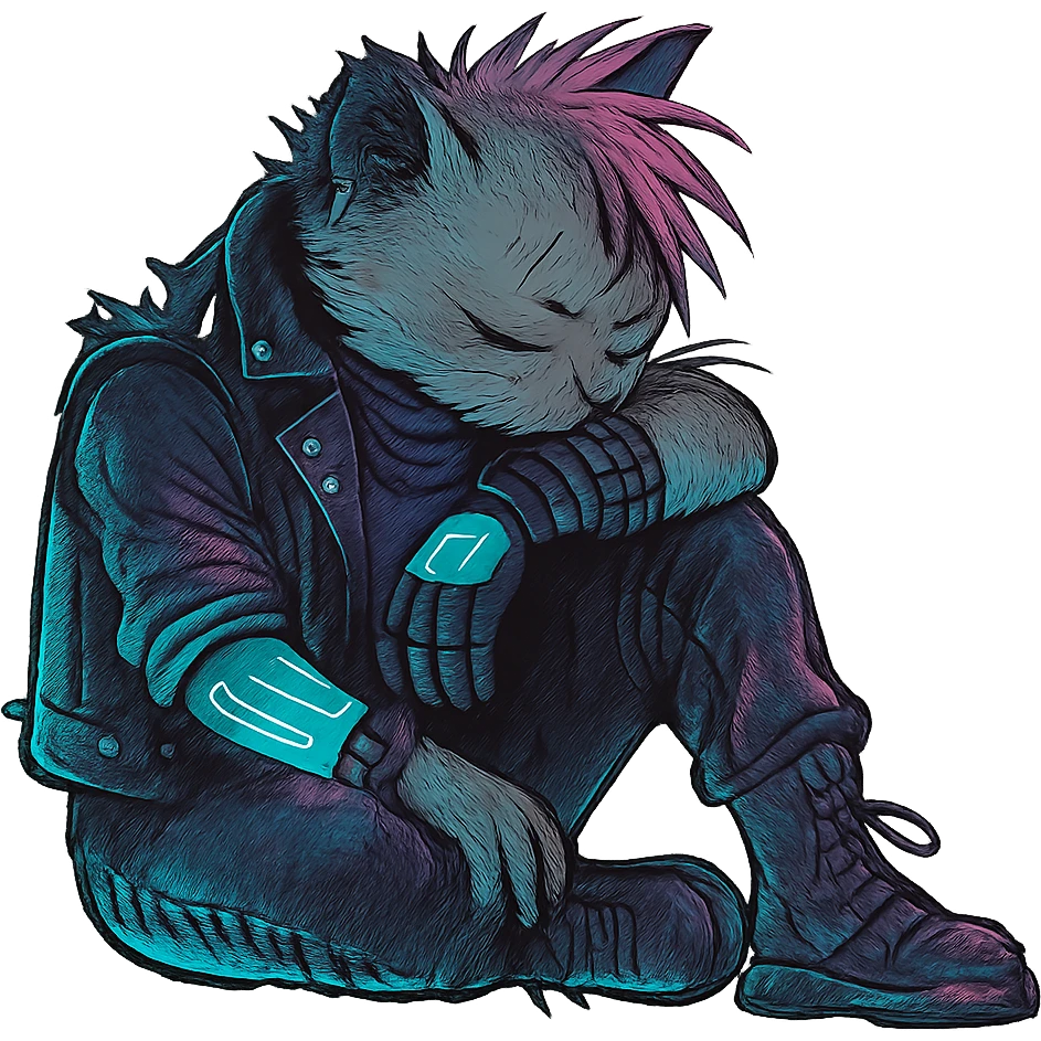  a anthro cat laying down his head to nap, punk gothic style, futuristic cyberwave cyberpunk, sitting position emoji