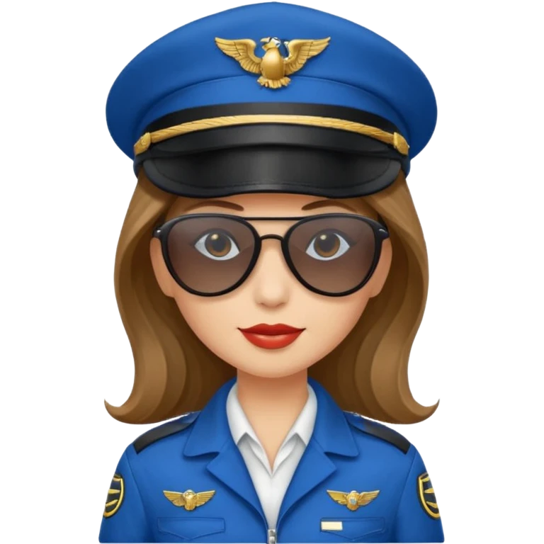 pilote d'avion femme cheveux brun clair avec sunglasses noires et chapeau de pilote et uniforme bleu emoji