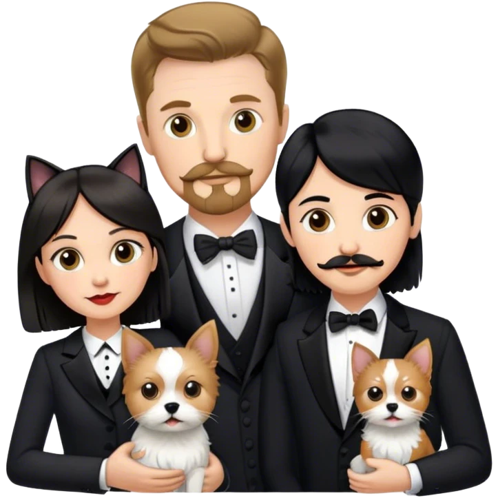 Couple, Tall white man with short brown hair mustache and goatee, small pale woman long with black hair, yorkshire terrier and tuxedo cat emoji