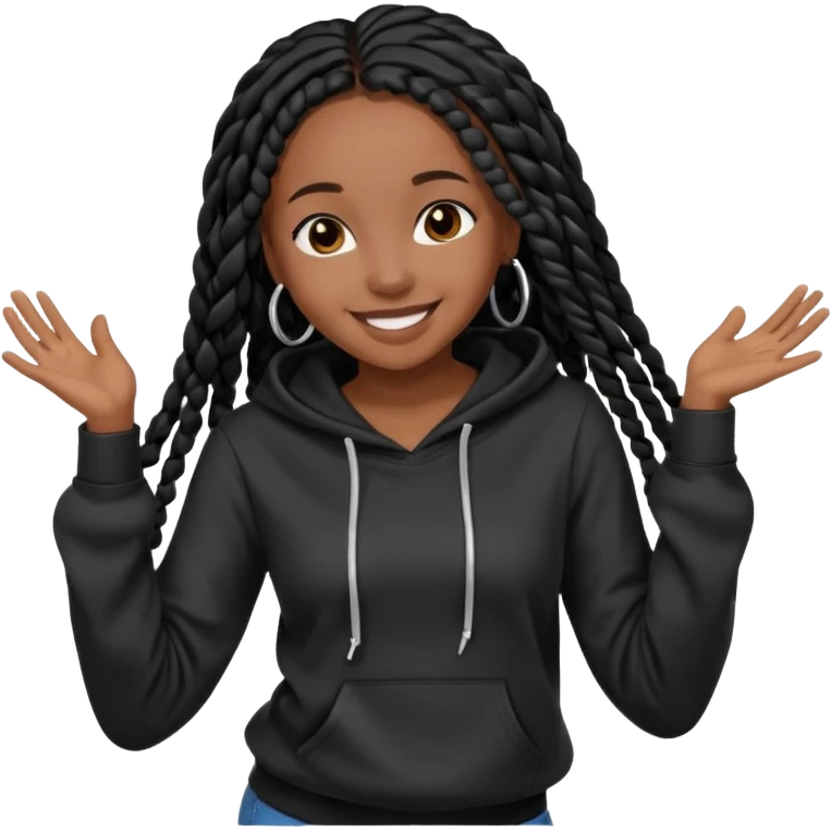 African American girl dark skin complextion long black box braids wearing plain black hoodie dancing emoji
