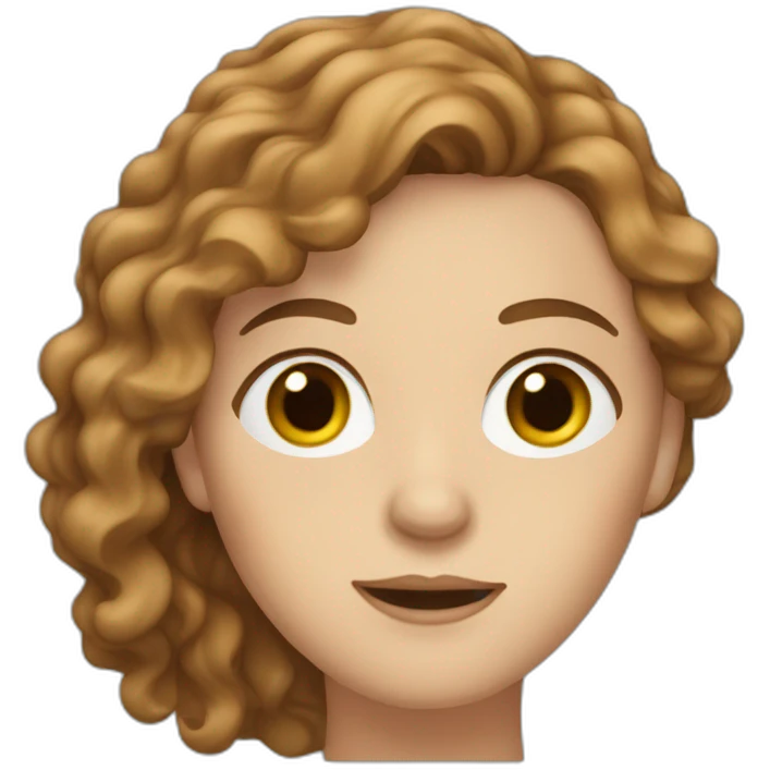 A white woman with brown wavy hair, a strand of hair covering the left eye. emoji