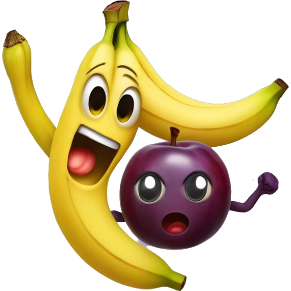 Banana with a super scared face dancing with a plum with a face dancing emoji