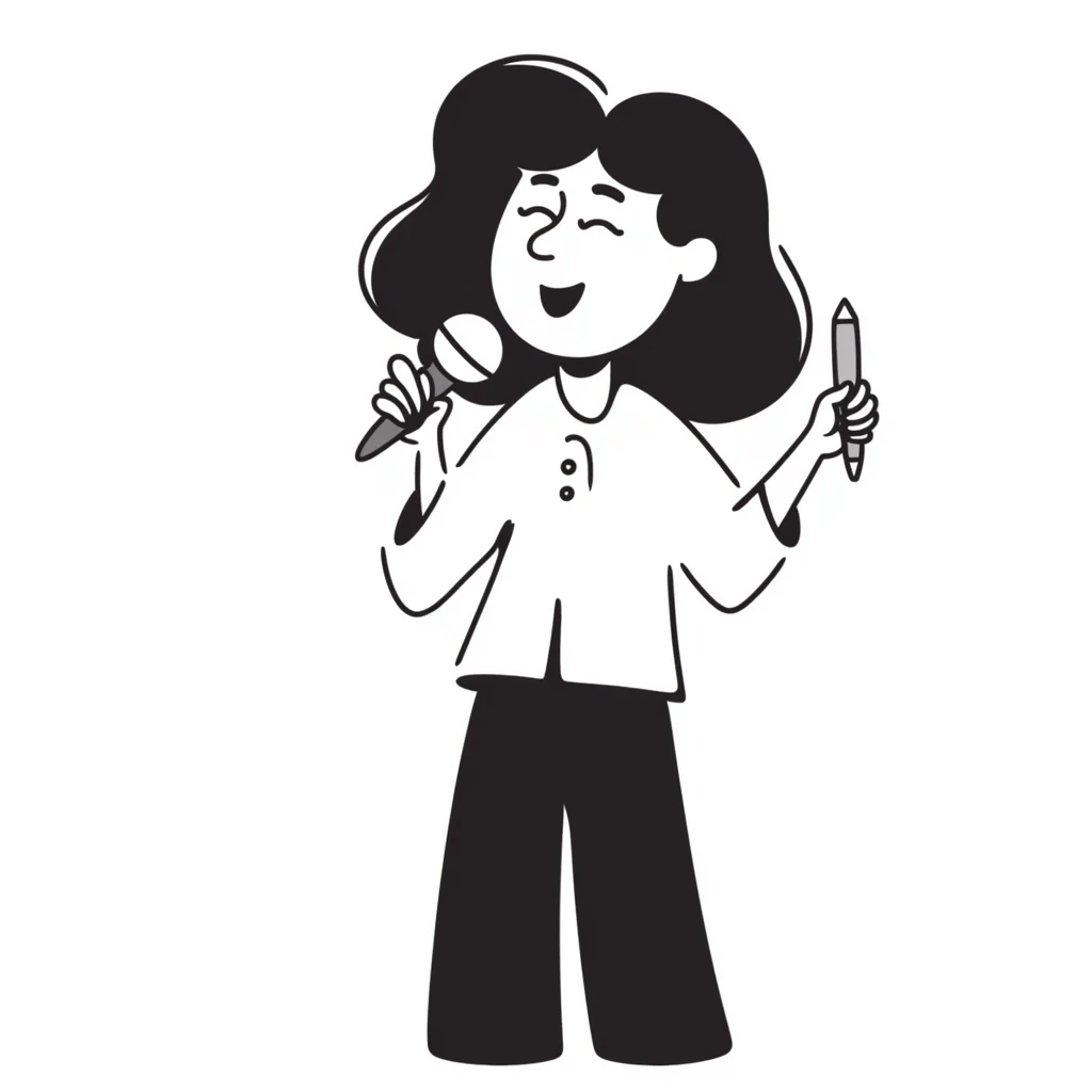 joyful singer with big smile holding a microphone in left hand and pencil in right hand emoji