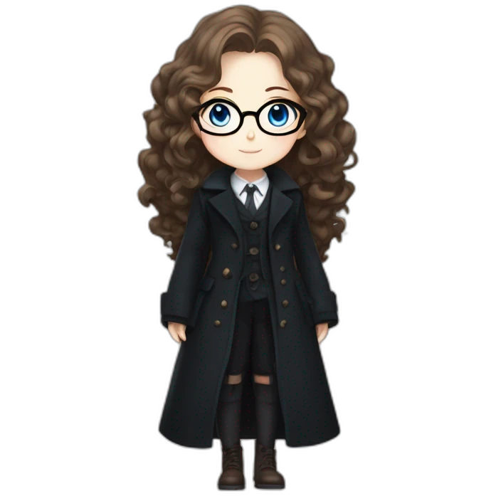 full length anime girl in a black coat, glasses with big blue eyes and white skin and curly brown long hair and aristocratic high cheekbones emoji