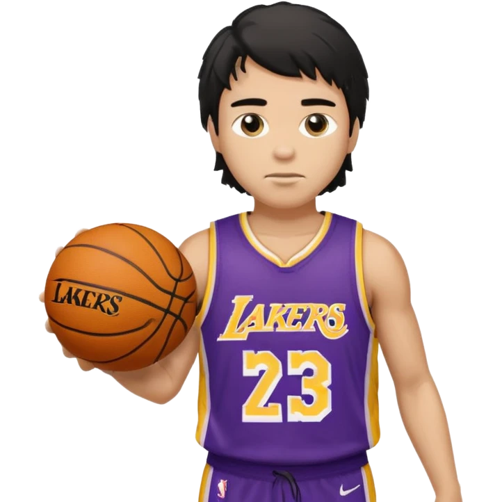 a light tan boy with messy a black mullet. wearing a lakers jersey and carrying a basketball emoji