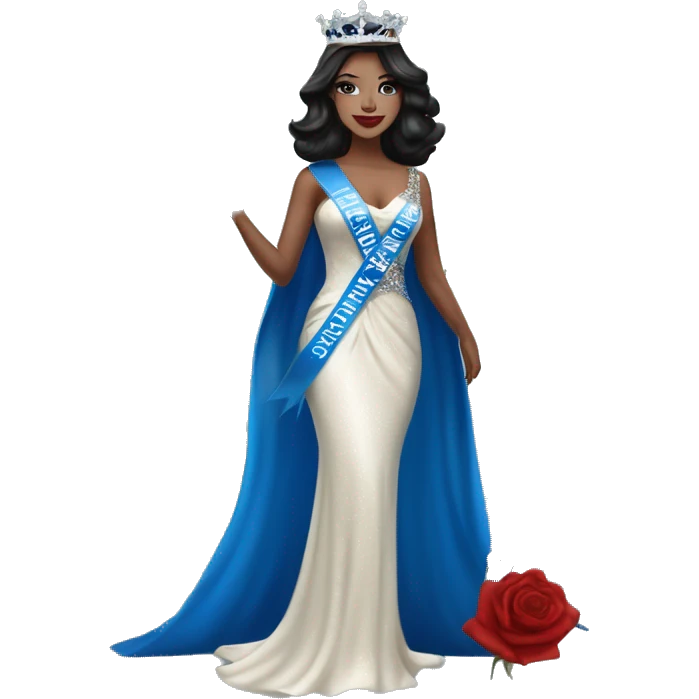 Beauty queen with white skin and dark hair, wearing Miss Massachusetts sash and wearing a crown and blue sparkly dress holding red roses emoji
