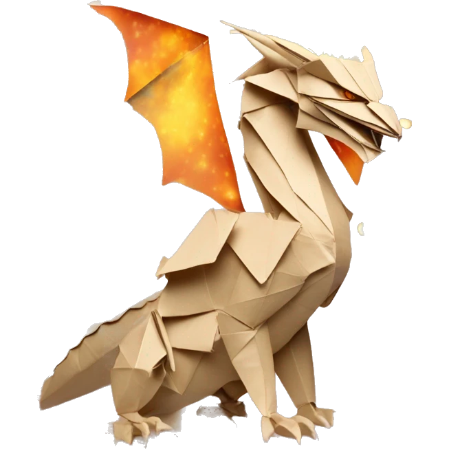 Beige Origami dragon made of newspapers on fire surrounded by fairy lights swirls covered in dried flowers bokeh library bunting floral flowers fire flames emoji