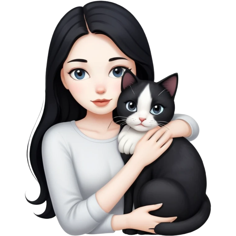 beautiful woman with pale skin, long black hair, hugging a black and white cat emoji