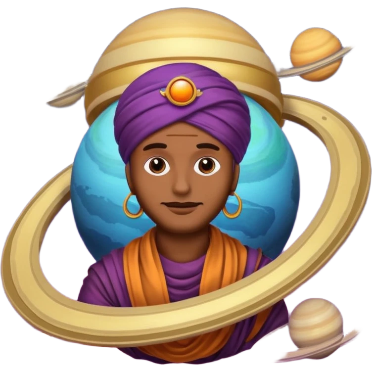 A bold emoji-style illustration with Saturn 🪐 as the dominant element, clearly showing its bright rings. Inside the planet, a stylized man wearing a colorful turban 👳🏾‍♂️, depicted as a mystical or adventurous character, sitting or floating within Saturn, integrated with the planet’s texture. . emoji