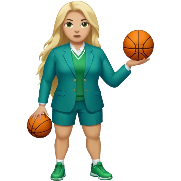 Full Body white plus size female basketball head coach with long blonde hair in a blue and green suit emoji