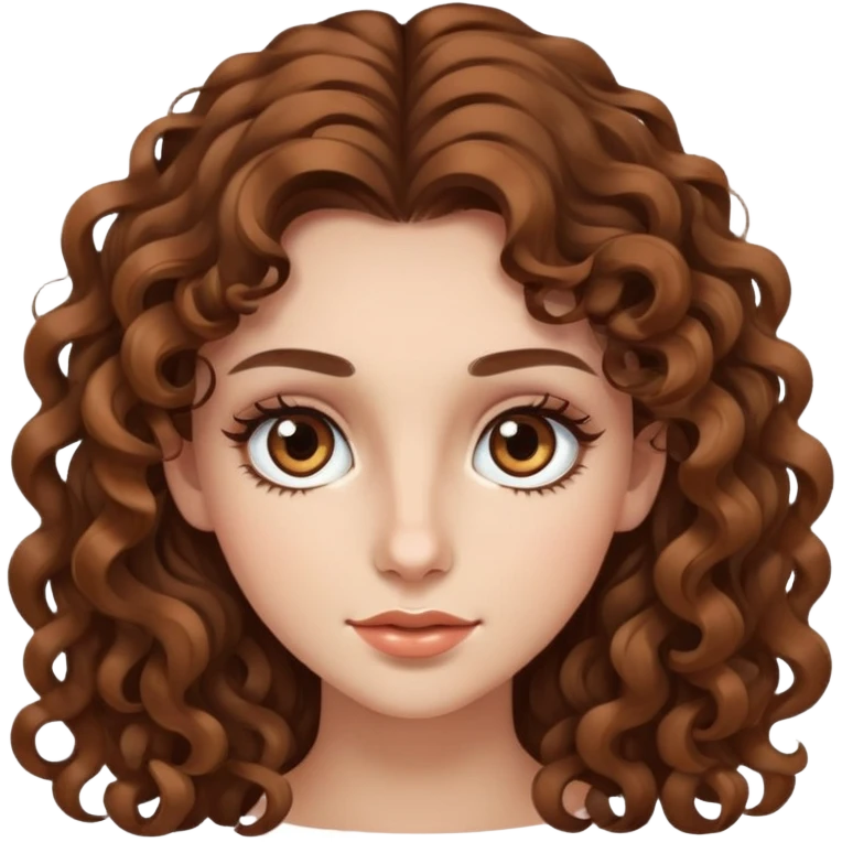 young woman with long curly brown hair, hazel eyes, long eyelashes emoji