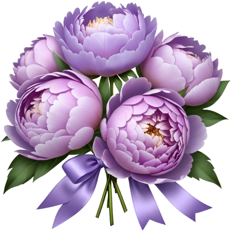 "A hyper-realistic bouquet of light purple peonies, freshly bloomed, tied with a luxurious satin ribbon in a soft lavender shade. The petals are delicate and slightly ruffled, with subtle color gradients ranging from pale lilac to deep violet. The bouquet is placed on an elegant marble tabletop with a vintage-style mirror reflecting its beauty. Soft natural light enhances the intricate textures of the flowers, casting gentle shadows."
 emoji