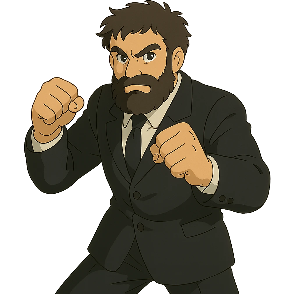 ghibli style bearded man in a black suit, fighting posture emoji