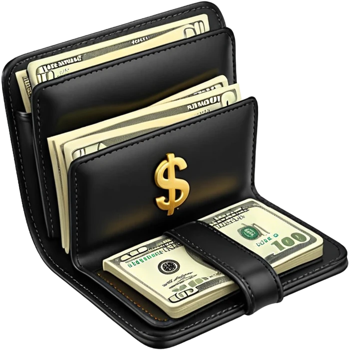 Rich emoji style black leather wallet with dollar bills, luxury money vibe, premium 3D emoji, ultra clean, high detail, no background
 emoji