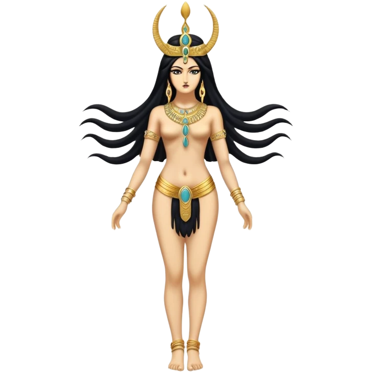 fullbody back view of Anunnaki goddess Inanna with flowing long black hair, completely bare back, and decorative gold jewelry on wrists and feet emoji