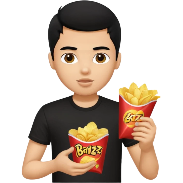a pretty bratz guy with curly black hair in in black tshirt eating chips emoji