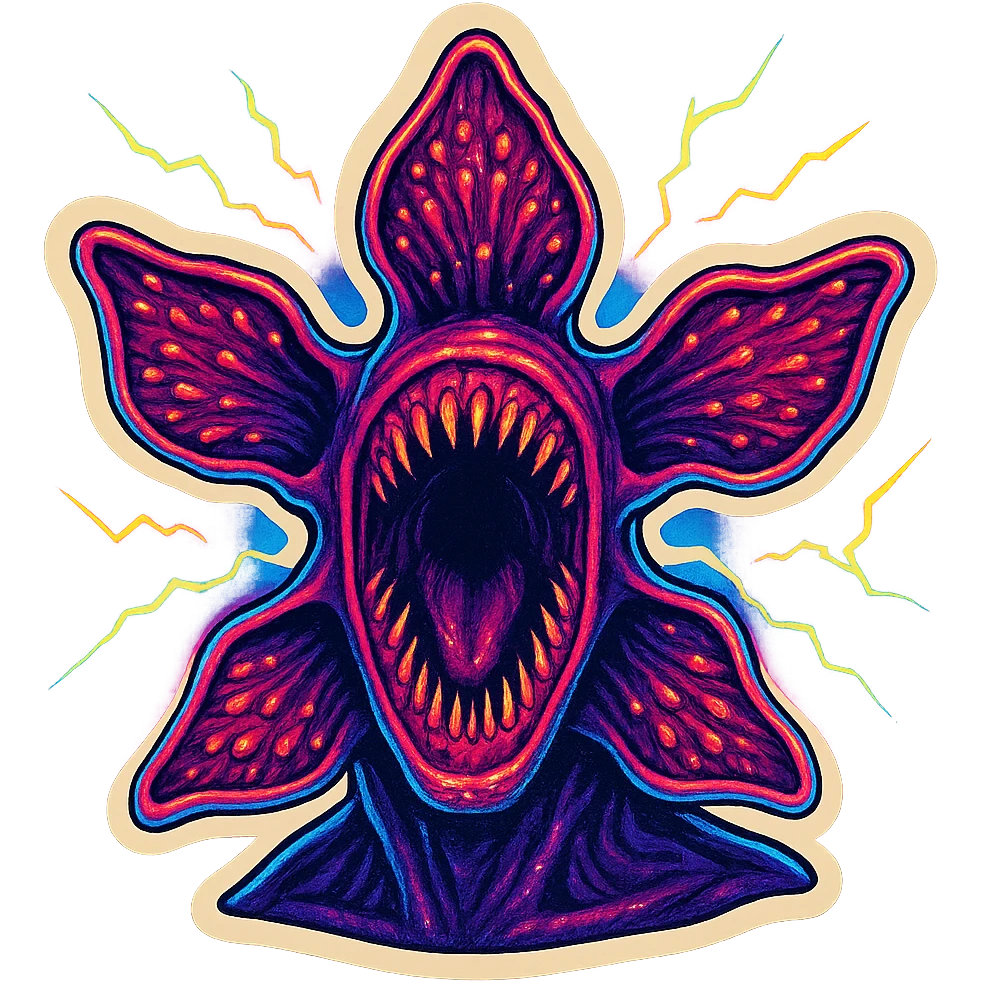 Demogorgon face close-up with electric neon effects, 80s retro neon style, inspired by Stranger Things series emoji
