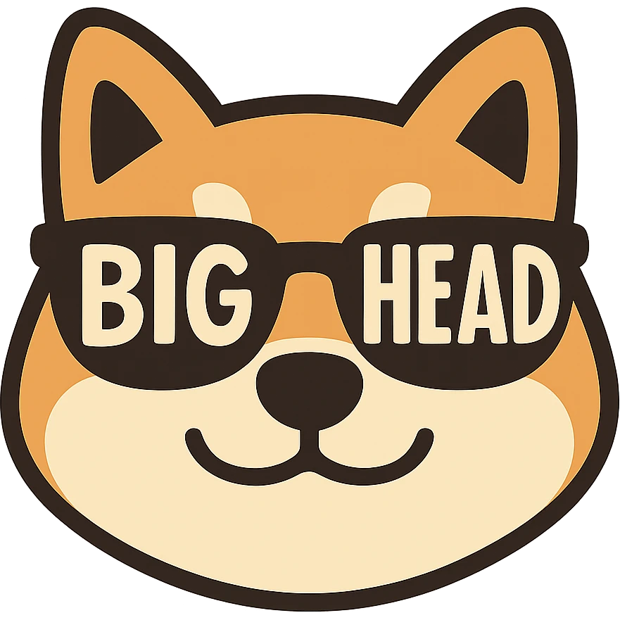 flat-toon style close-up of a Shiba Inu face wearing sunglasses with the text 'BIG HEAD' inside the sunglasses lenses emoji