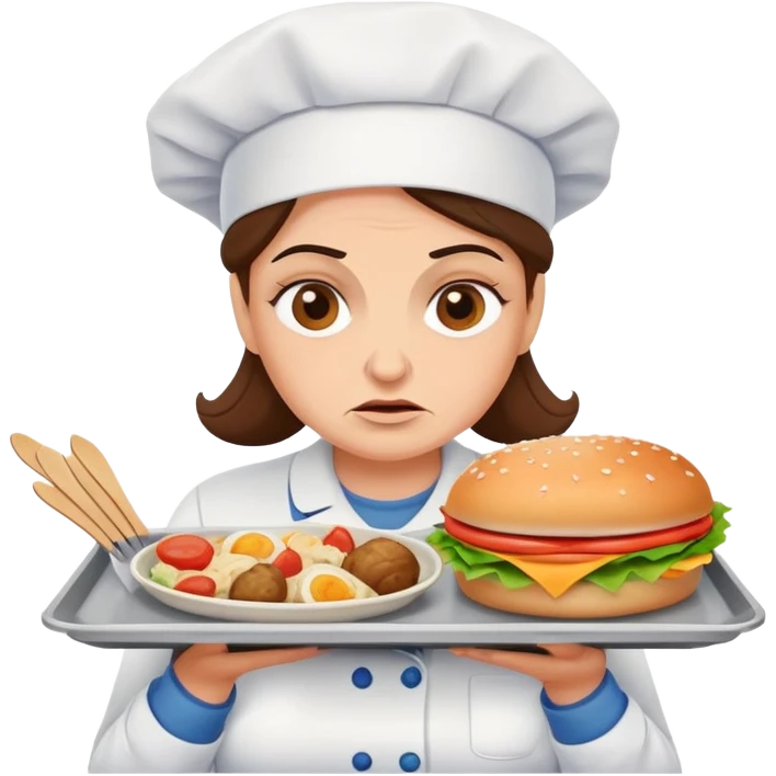 lunch lady with a tray of unappetizing food, exaggerated disgusted face emoji