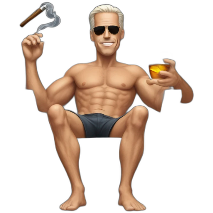 hunter biden wearing only a bikini sitting in a chair acting out the basic instinct scene (full body, apple ios17) smoking a glass pipe emoji