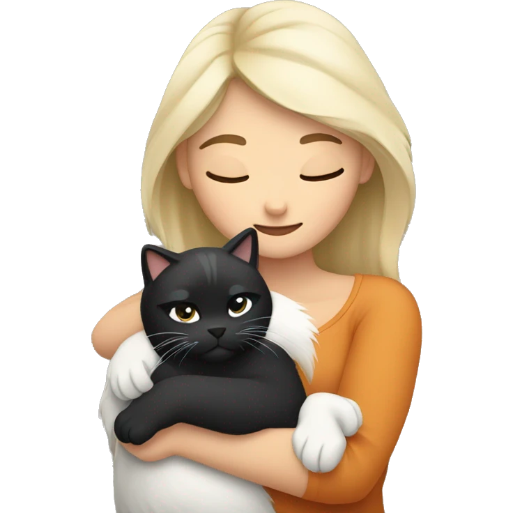 White woman with black hair hugging a Himalayan cat tiger emoji