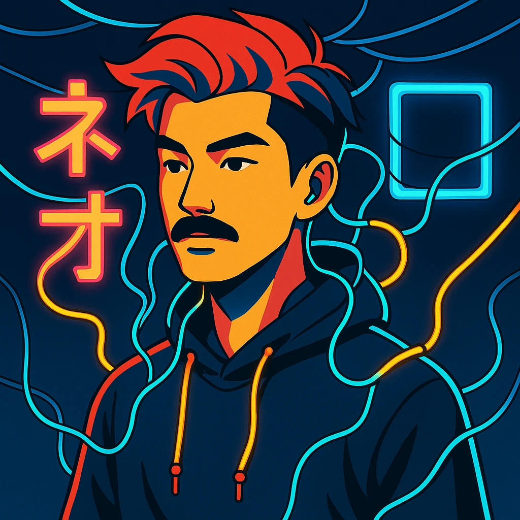 Add electric wires connecting to the body of the Asian man with black mustache, red hair, black hoodie, neon lights, Japanese cyberpunk anime style emoji