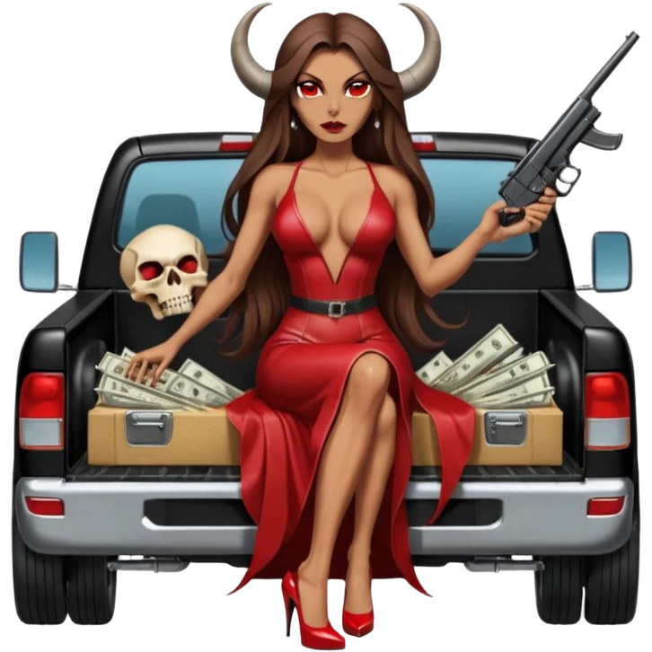 Lilith symbol red eye seductress evil long brown haired sexy succubus woman with leather long dress with slit on, sitting in Big Large F350 pickup truck. Platform long high heels on feet. Back seat full of stacks of cash, she is  Holding a man dead human skull of her enemies and a gun in other hand emoji