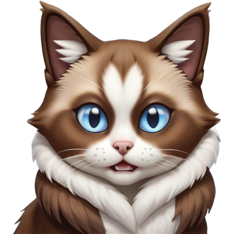 Cinematic Comical Brown Mantle Snowshoe Cat Portrait Emoji, Head tilted dramatically with an exaggeratedly shocked or offended expression, deep brown fur flowing like a mantle over its back, paired with crisp white paws, chest, and a signature white facial mask, piercing icy-blue eyes widened in disbelief, Simplified yet hilariously expressive features, highly detailed, glowing with a slightly sassy glow, high shine, dramatic yet playful, stylized with an air of attitude, bright and endearing, soft glowing outline, capturing the essence of a sassy and over-the-top feline, so meme-worthy it feels like it could side-eye its way into internet fame instantly! emoji