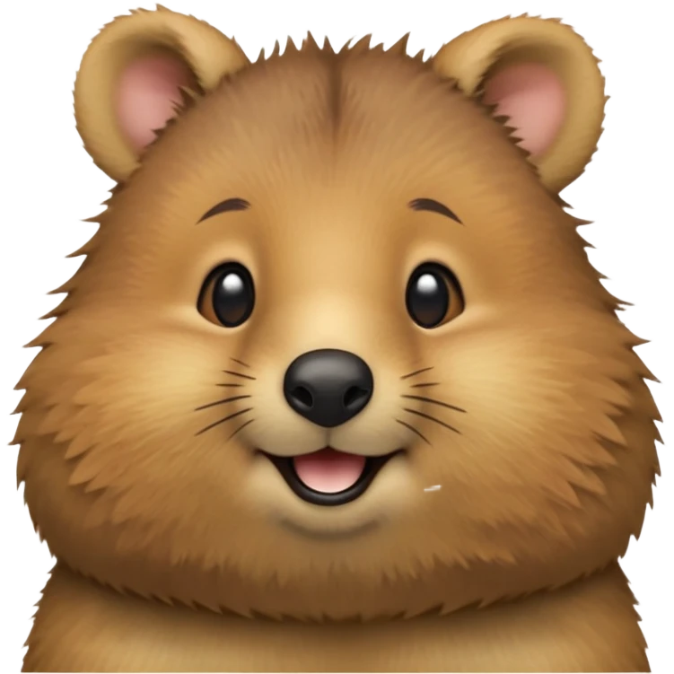 cinematic-realistic quokka-emoji,-small-round-frame, head tilted in an endearing manner, comical smile, round cheeks, giant-fluffy-cheeks-large-smile-fluffy-brown-fur-radiating-a-warm-softness,-big-round-eyes-filled-with-joy, realistic round  fluffy zoomed in, large black eyes emoji