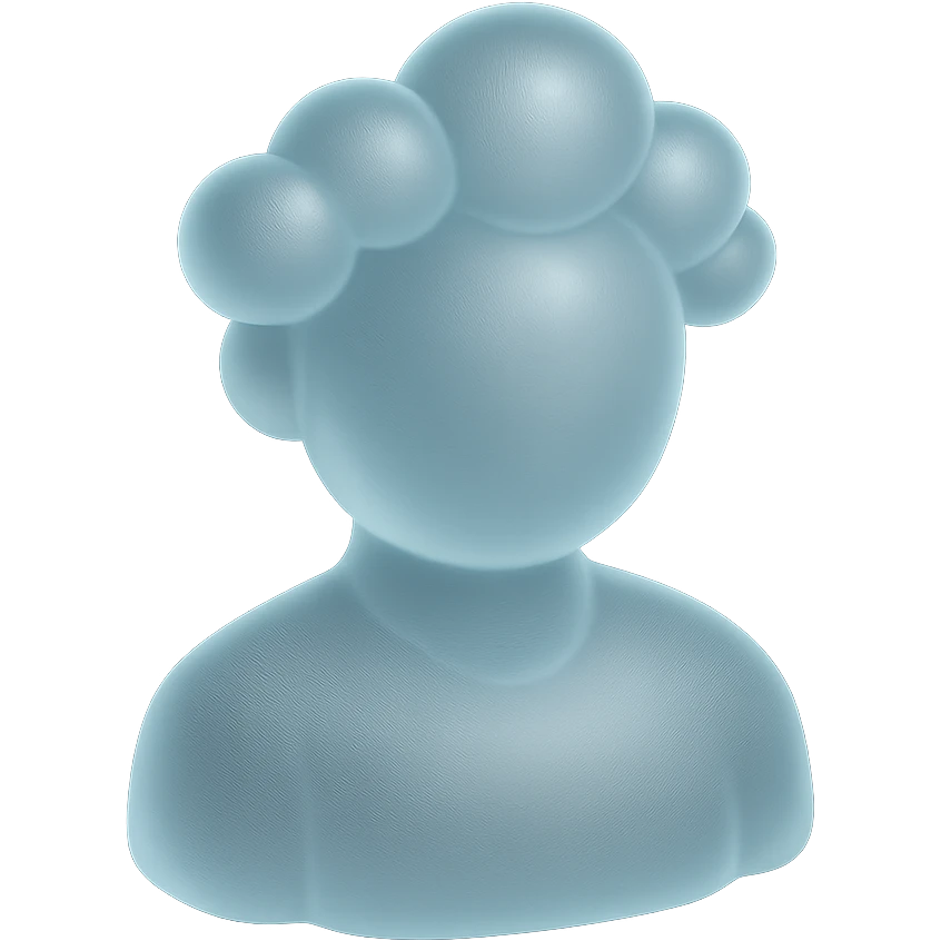 front view, person made of white convex clouds, shoulder up, matte glass style emoji