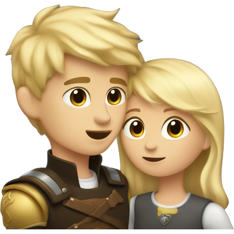 A girl with dark hair kisses a boy with blond hair, the boy has a small shield emoji