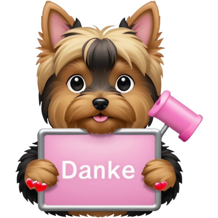 yorkshire dog holding a light pink danke schön sign emoji