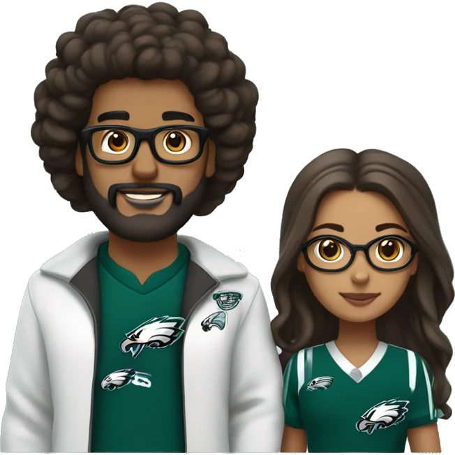 Brown guy with beard mustache and brown girl with glasses and her hair in a bun in Philadelphia eagles clothes holding hands emoji