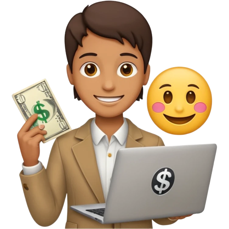 A confident person holding a laptop and dollar sign emoji emoji