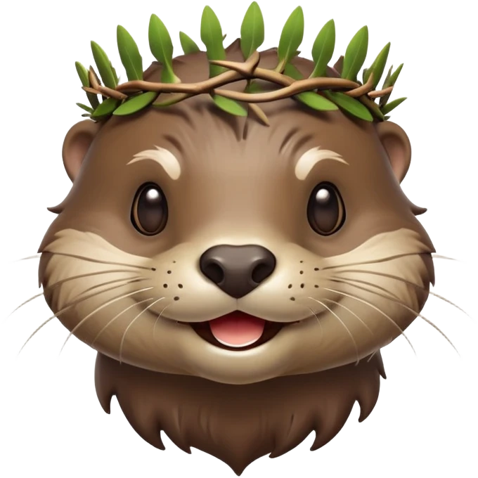 really cute smiling joyful otter face in three-quarter profile view with simple thorny stem wrapped horizontally around its forehead like Jesus Christ's Crown of thorns, no crown shape on top, just thin spiky branches circling the forehead, Apple emoji style, glossy finish, smooth gradients emoji