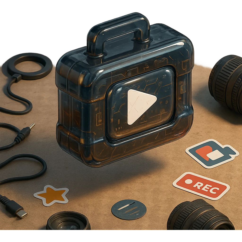 white YouTube play button inside a scratched black toolbox-like case, surrounded by video production gear, camera parts, stickers, cables, real-life artist studio, casual lighting, grounded and textured environment emoji