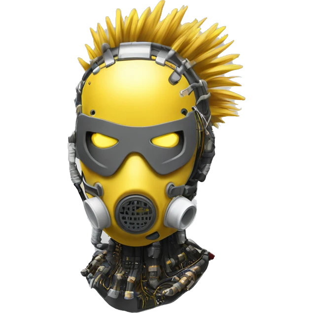 Dark yellow Mohawk female cyborg head with white respirator mask and circuits emoji