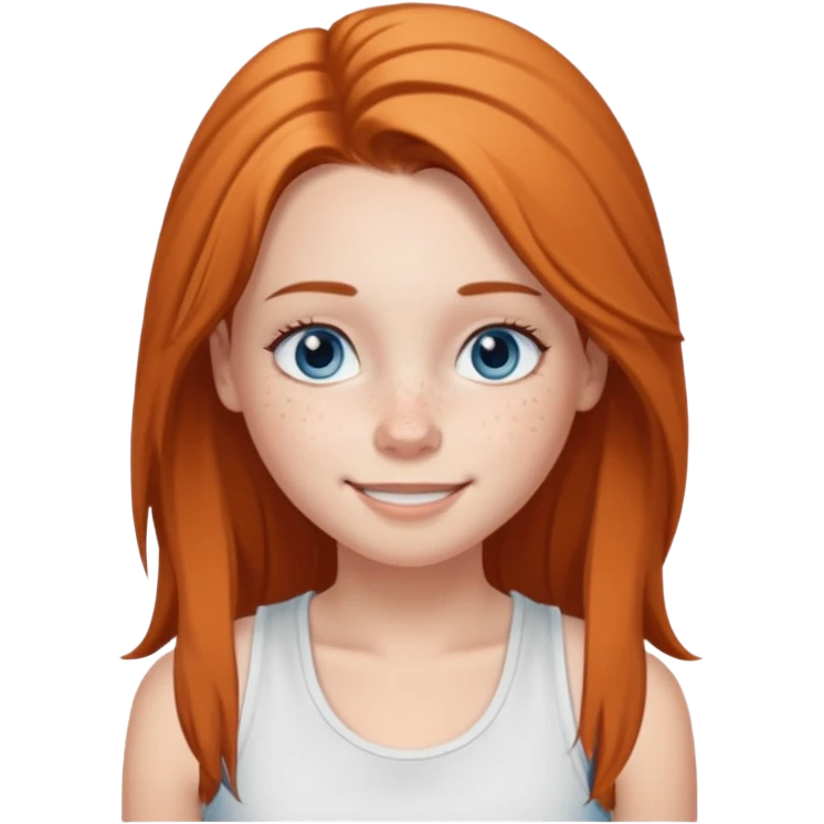 Una chica de tez blanca con pecas, nariz respingada, labios gruesos, ojos grandes color azul grisáceo, pelo largo, lacio, color avellana. Con una blusa de tirantes blanca. Que este sonriendo y q solo se vea de la cintura hacía arriba emoji