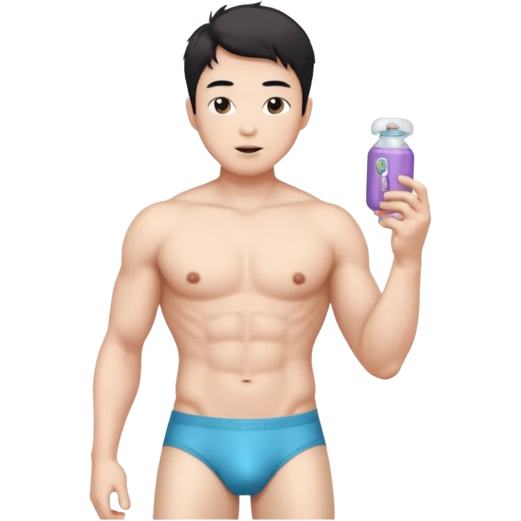 Male shirtless white skin Asian korean six pack sexy big dih lean full body without pants hold condom and jerking off with a little bit hair upper underwear don’t hold any stuff emoji