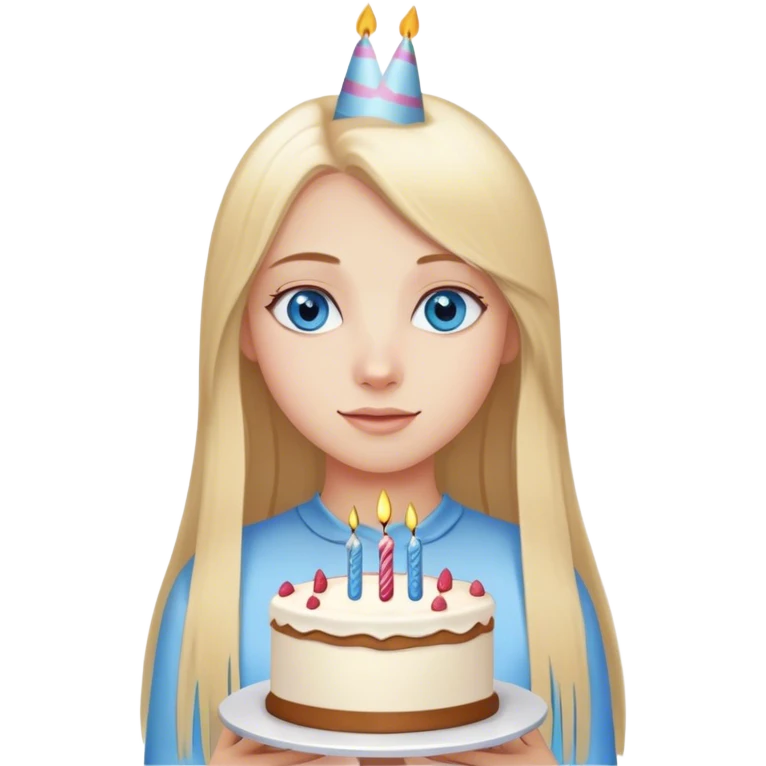 Straight long blonde hair blue eyes girl holding birthday cake emoji