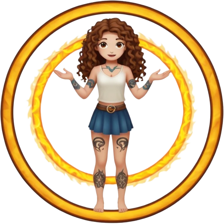 full body view of a woman with long curly brown hair, brown eyes, white skin, tattoos, fake innocent pose while standing inside a glowing spell circle emoji