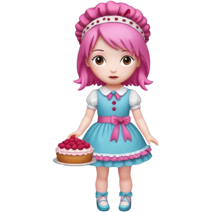 Isolated detaile illustration incredibly raspberry torte doll figurine full body with pink hair and a raspberry hairband emoji