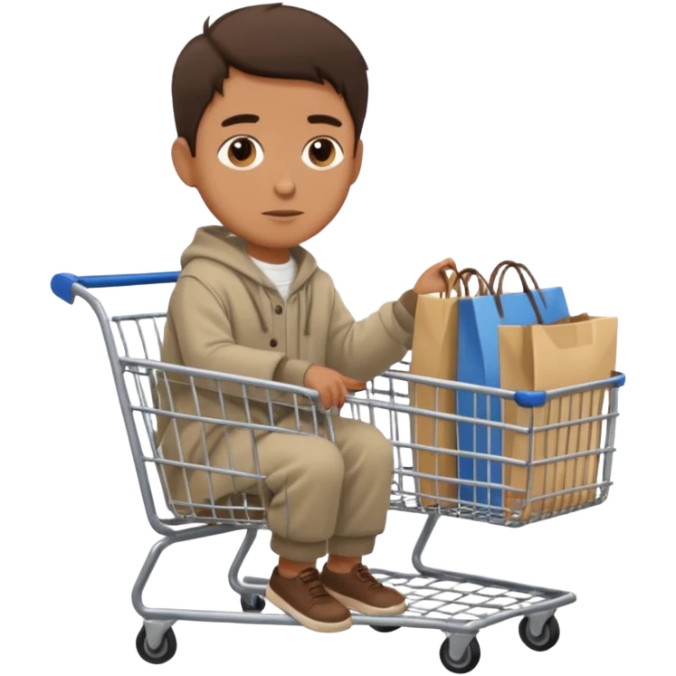 A man in oversized second-hand clothes, sitting beside a shopping cart of items, looking around with soft hopeful eyes.
 emoji