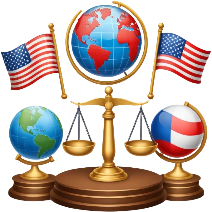 icon featuring podium with a speaker, russian and american flags, and voting ballots. The design includes a globe and scales of justice in the background, representing governance, global affairs, and political theory. Transparent background emphasizes civic engagement and policy. emoji