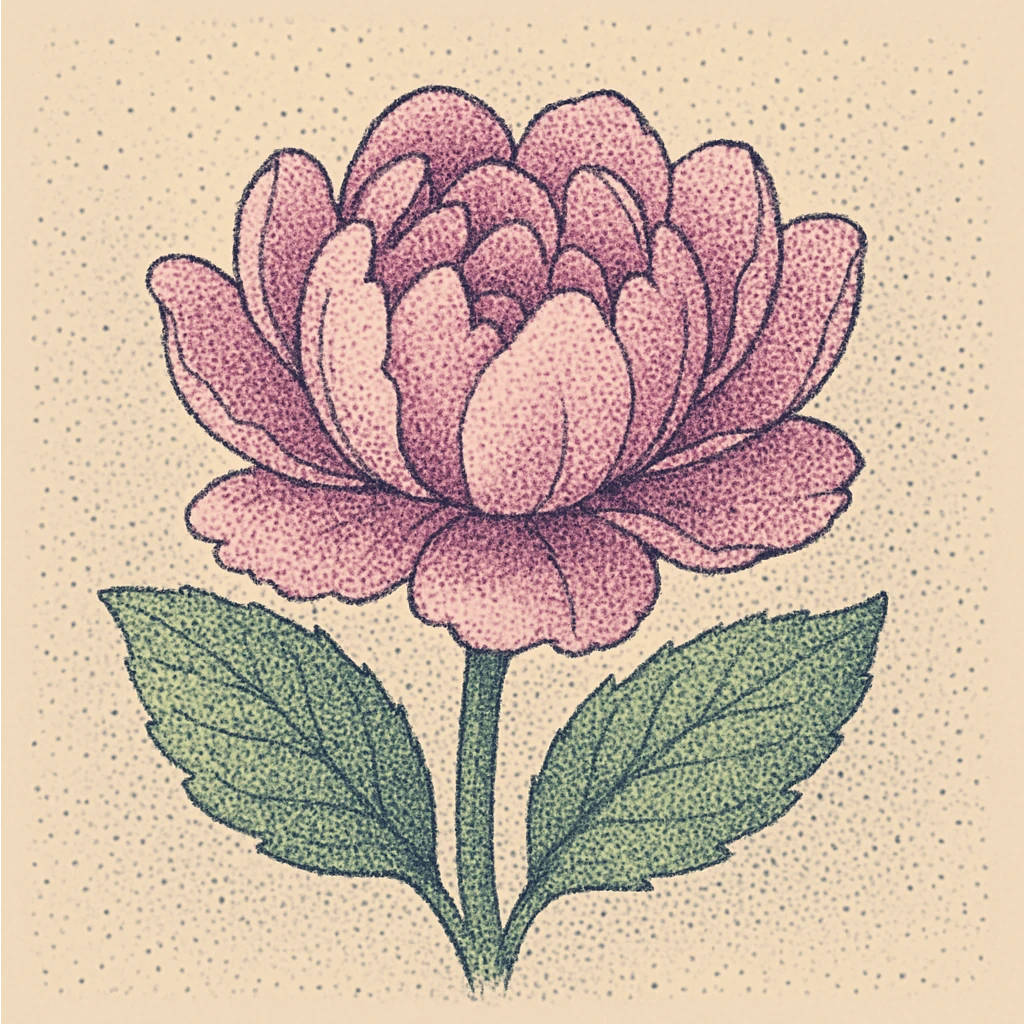 A blooming flower with petals unfolding, illustrated entirely with tiny dots in shades of pink, purple and green emoji
