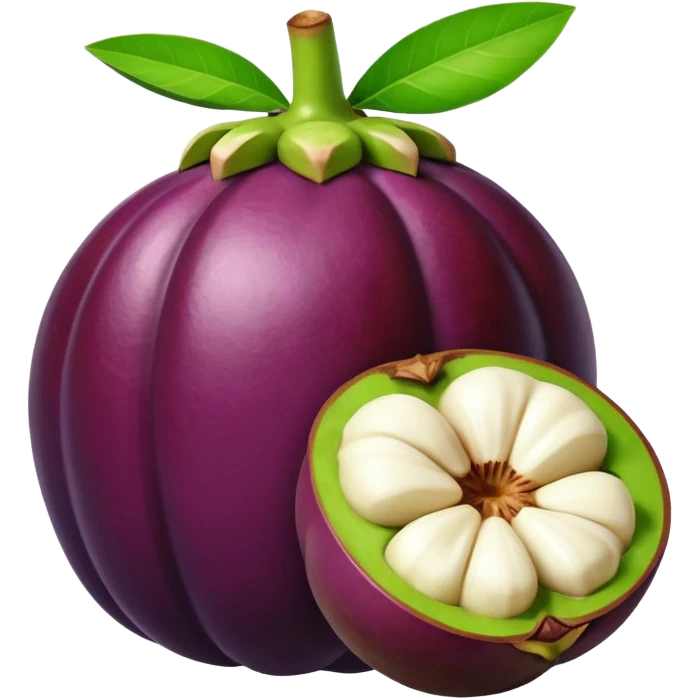 whole mangosteen with thick deep purple rind and green segmented calyx on top, next to a halved fruit revealing glossy white segmented flesh inside, soft juicy interior, firm outer shell, no leaves plate or extras, apple emoji style, soft lighting, subtle shadows, transparent background, emoji scale emoji