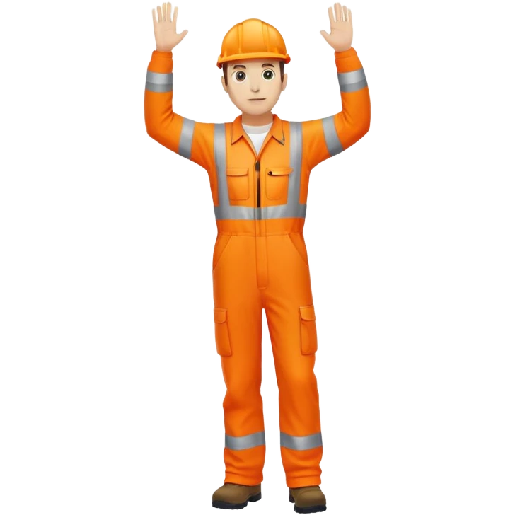 man standing facing away, wearing orange hi visibility overalls  with one arm raised emoji