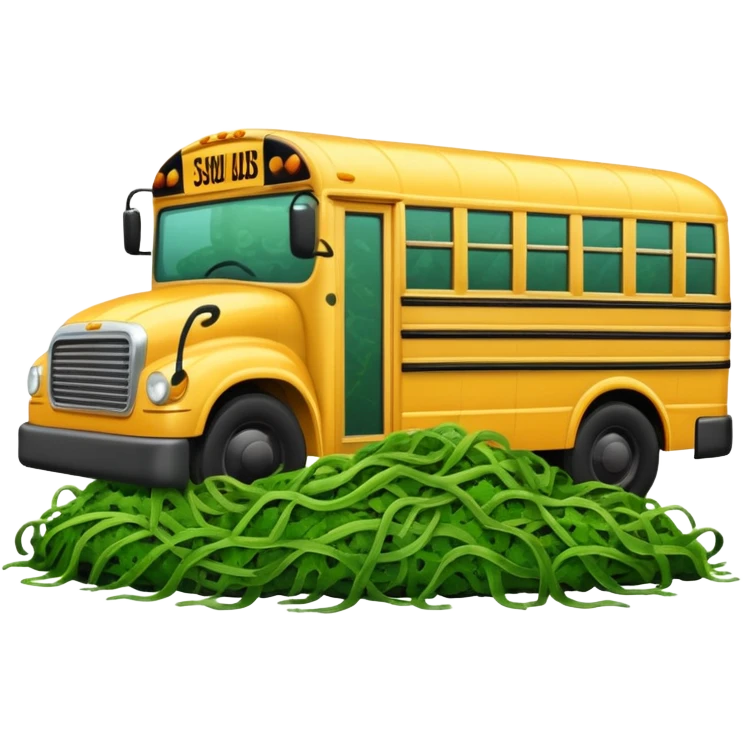 Front view of a School bus covered in seaweed emoji