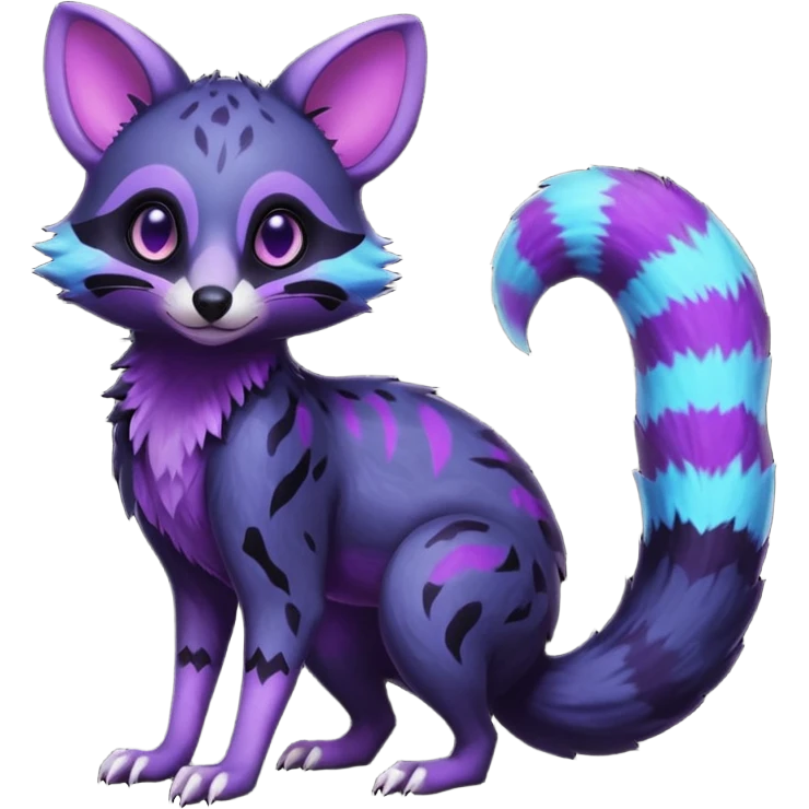 Obsidian-onyx-black and glowing neon-purple, shiny blind hollow empty eyes, magical fantasy-Genet-Sentret-Marsupial-Possum-Vernid-Sergal-Fakémon-hybrid, by LiLaiRa-griffsnuff, full body emoji